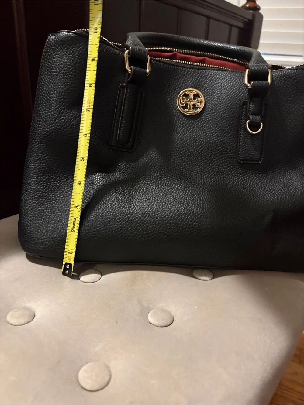 Tory Burch Black Pebbled Leather Satchel with Gold Logo